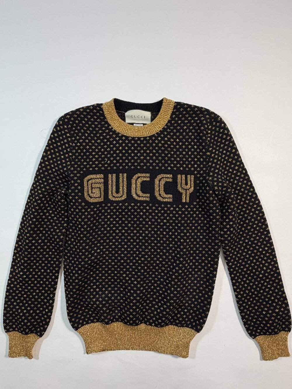 GUCCI Authentic NWT Spring 2018 Black Metallic Gold GUCCY Sega Sweater XS